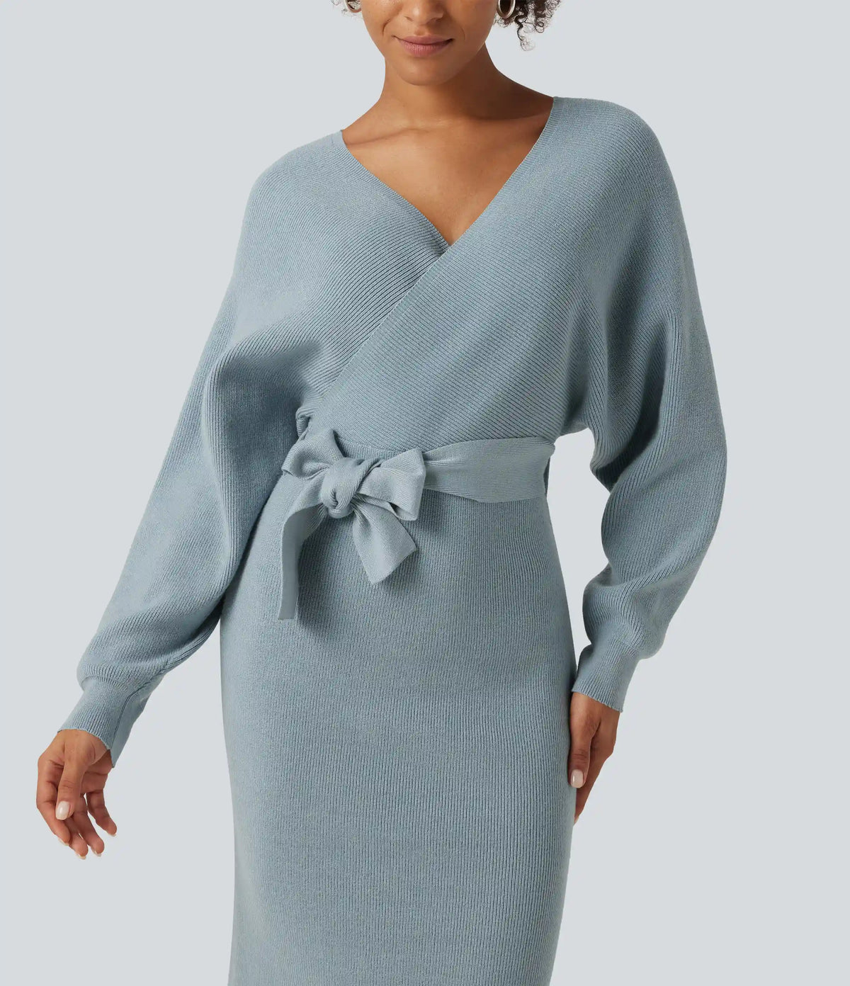 Crossover V Neck Batwing Long Sleeve Belted Midi Casual Sweater Dress