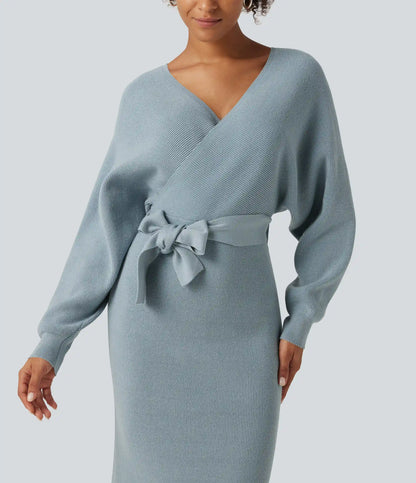 Crossover V Neck Batwing Long Sleeve Belted Midi Casual Sweater Dress