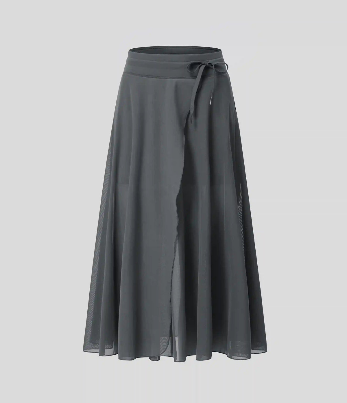 High Waisted Drawstring Contrast Mesh 2-in-1 Pocket Flowy Midi Flare Casual Skirt