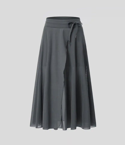 High Waisted Drawstring Contrast Mesh 2-in-1 Pocket Flowy Midi Flare Casual Skirt