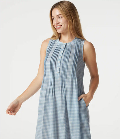 Round Neck Sleeveless Plaid Midi Casual Linen-Feel Dress with Pockets