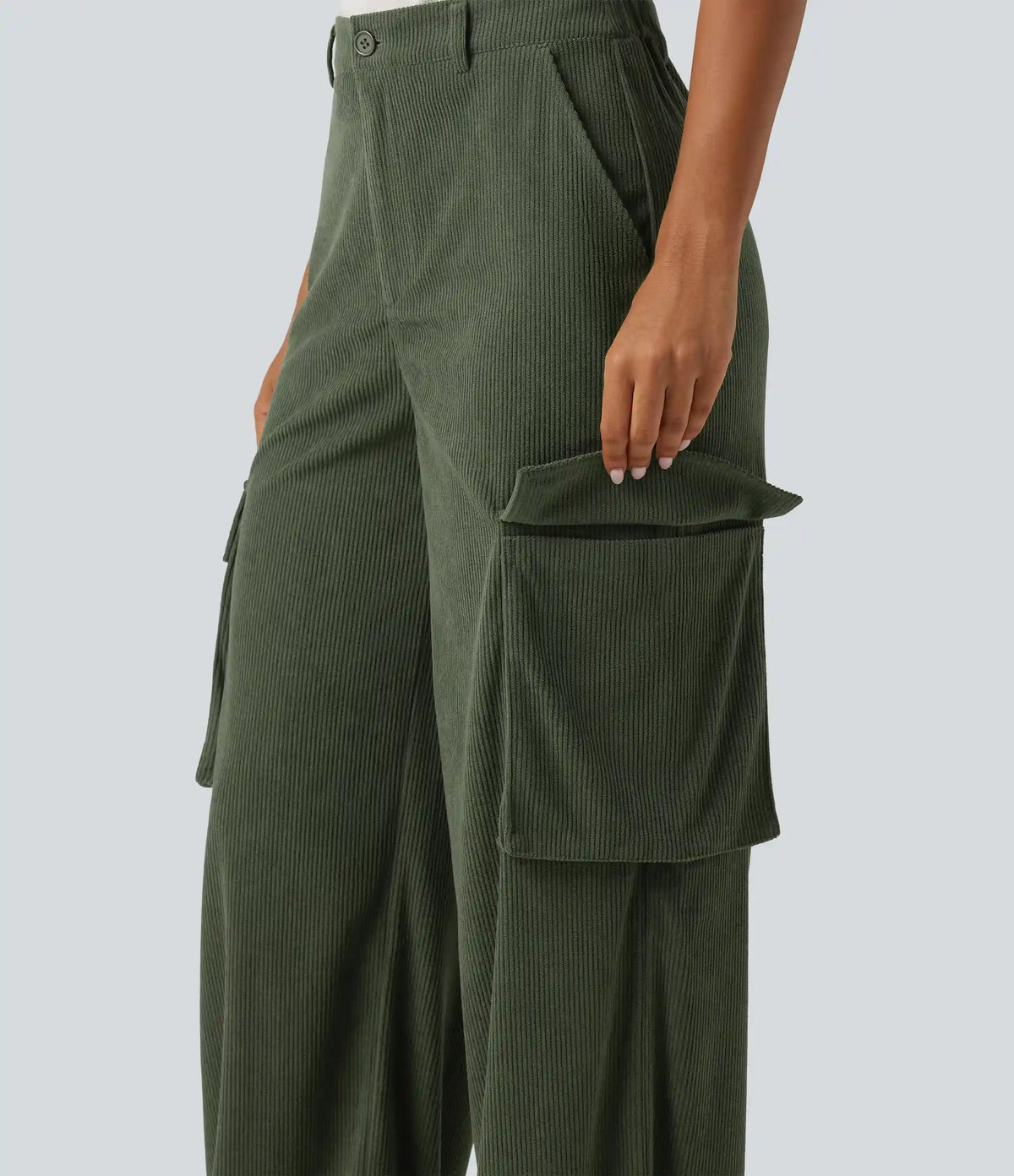 High Waisted Straight Leg Gathered Hem Corduroy Cargo Casual Pants with Pockets