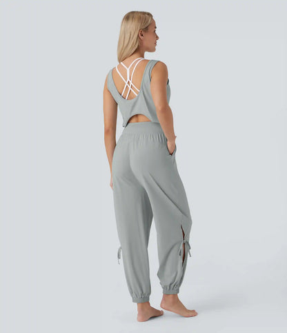 Sleeveless Cut Out Drawstring Pocket InstantCool Yoga Jumpsuit-UPF50+