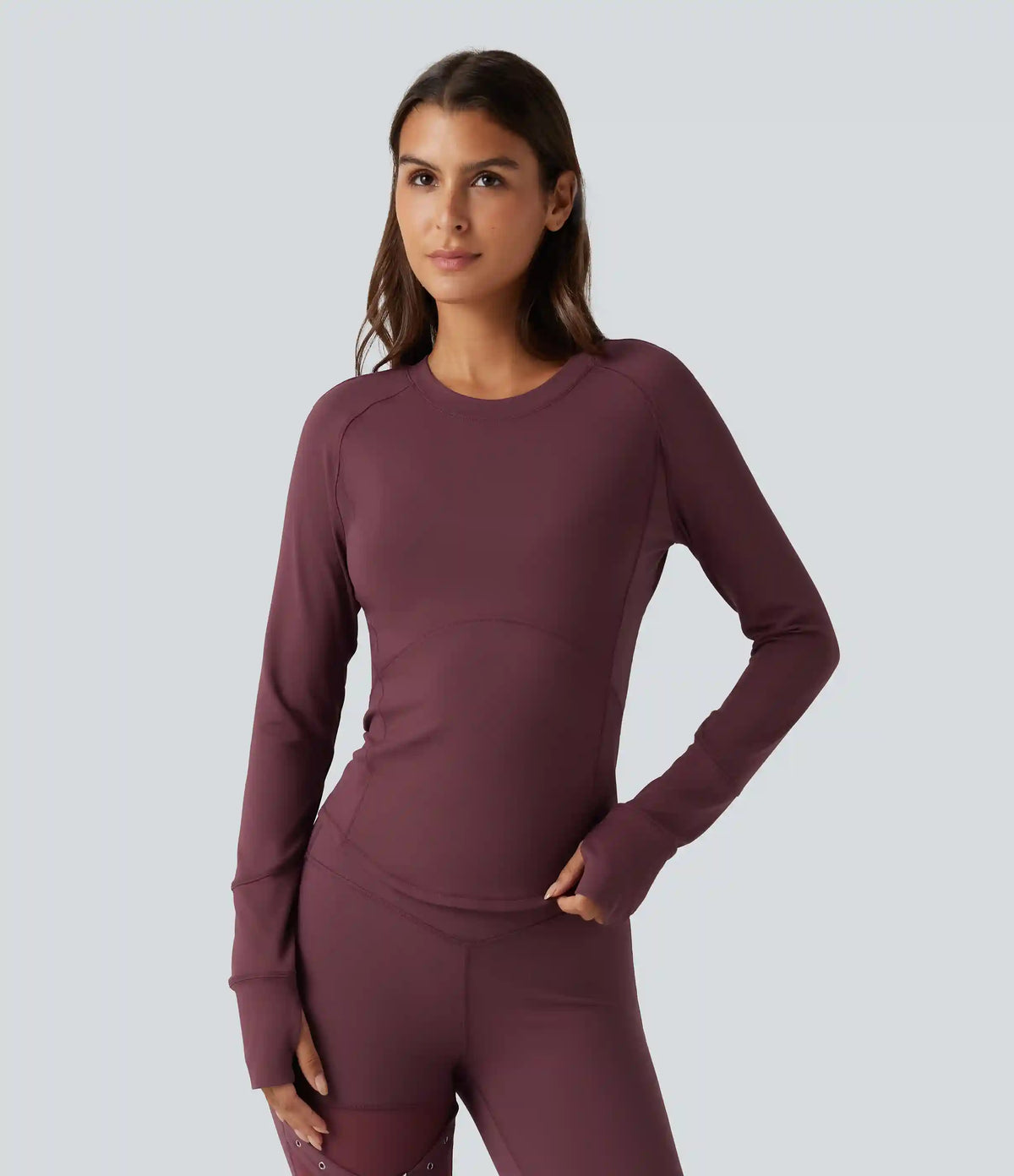 Round Neck Long Sleeve Contrast Mesh Thumb Hole Curved Hem Quick Dry Yoga Sweatshirt