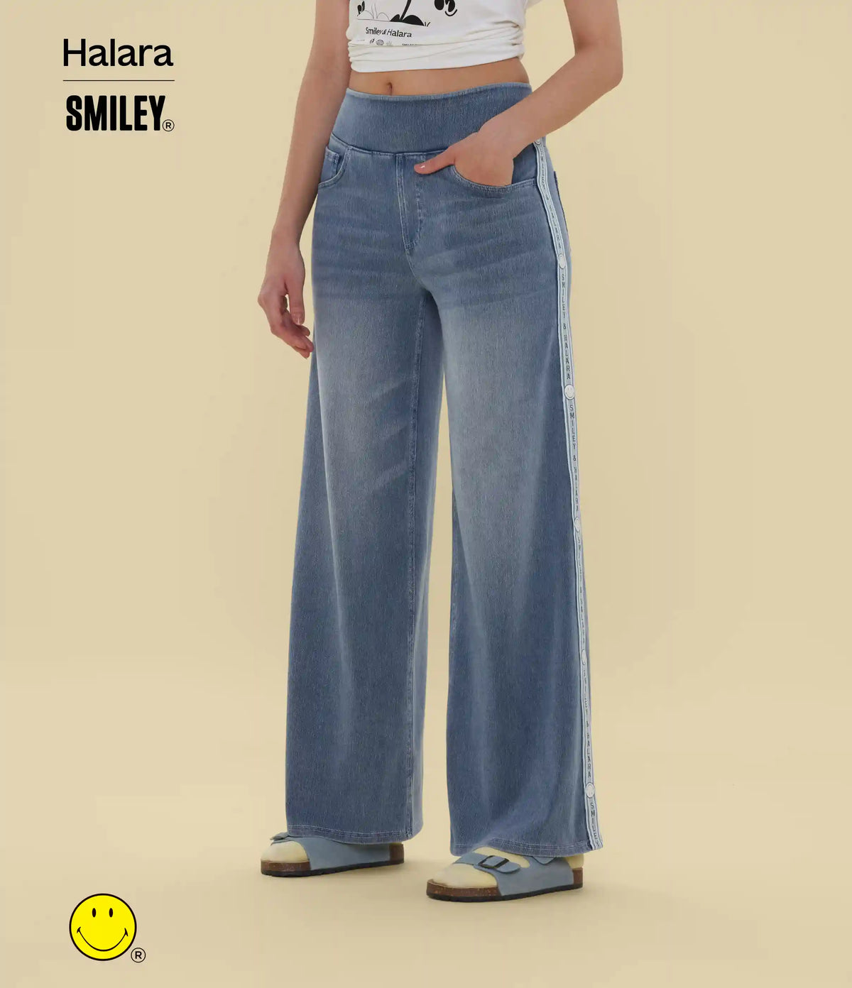 Halara X Smiley® Halara Flex™ High Waisted Baggy Wide Leg Washed Casual Jeans with Pockets