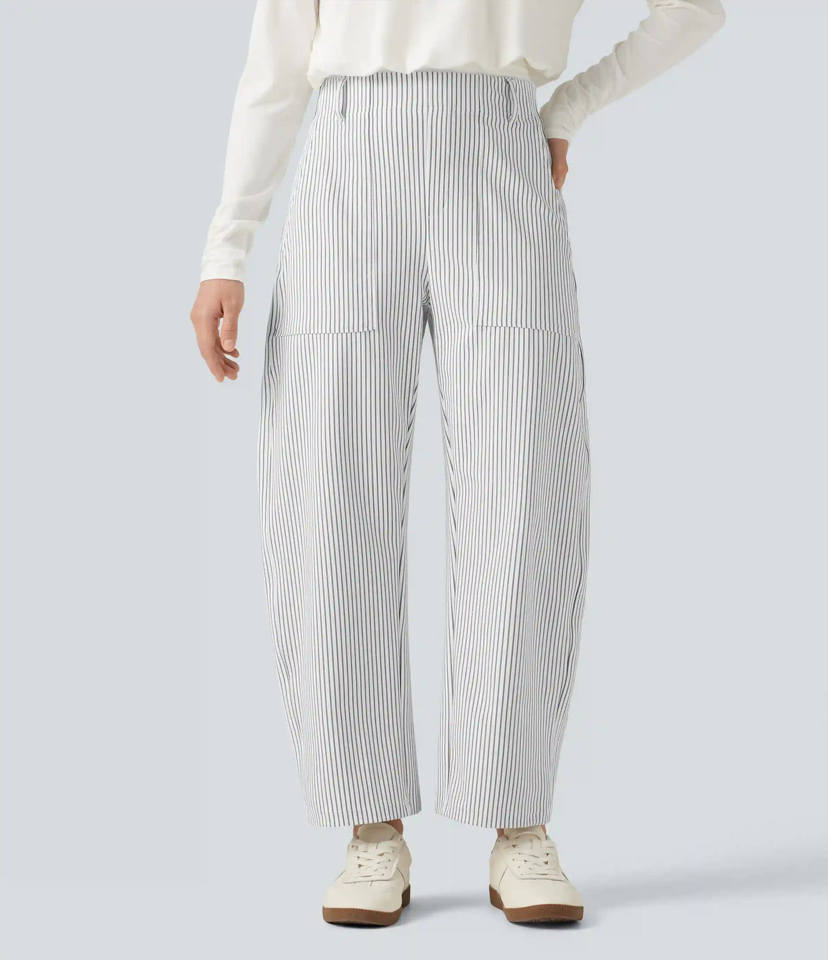High Waisted Barrel Leg Stripe Casual Pants with Pockets