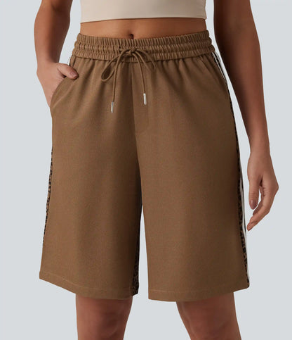 Mid Rise Drawstring Color Block Stripes Contrast Leopard Casual Baggy Bermuda Shorts 10'' with Pockets