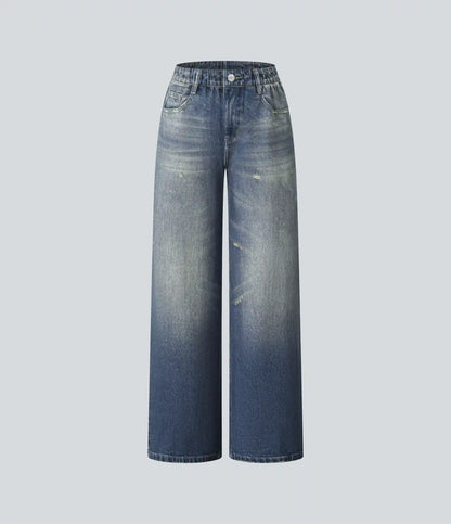 Mid Rise Denim Print French Terry Casual Sweatpants Jeans with Pockets