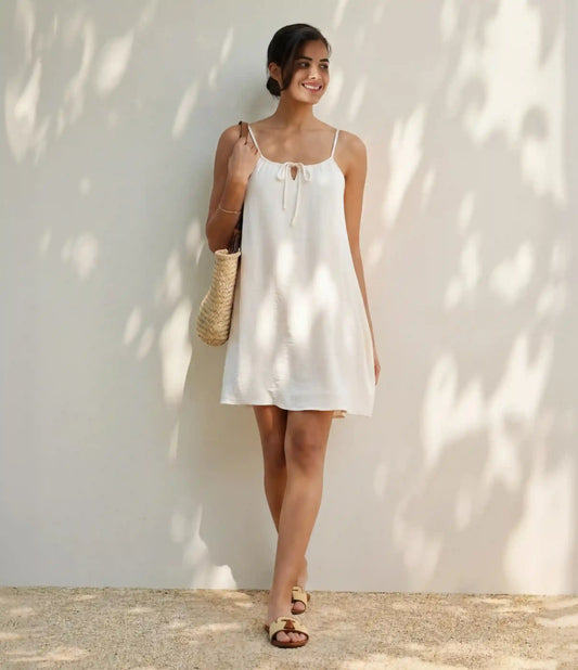 Lace Up Mini Linen-Feel Slip Dress with Pockets
