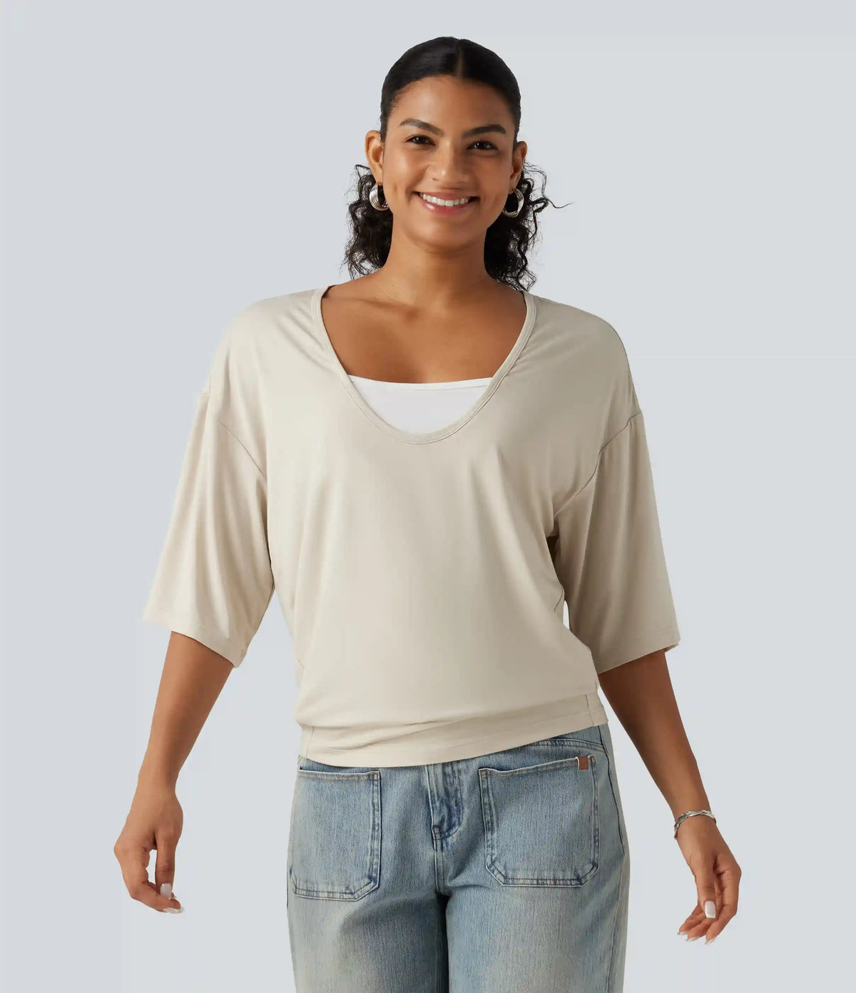 Scoop Neck Half Sleeve Color Block Casual Top