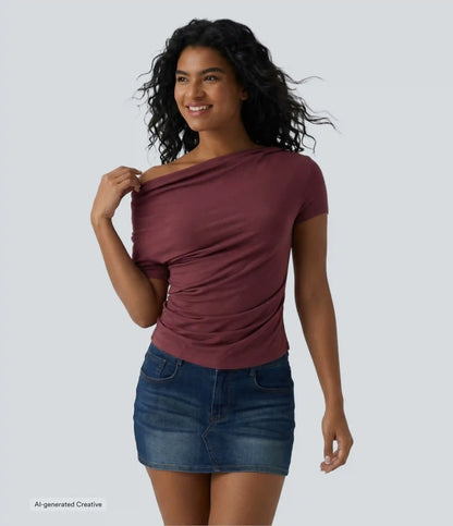 Cowl Neck Short Sleeve Ruched Casual Top