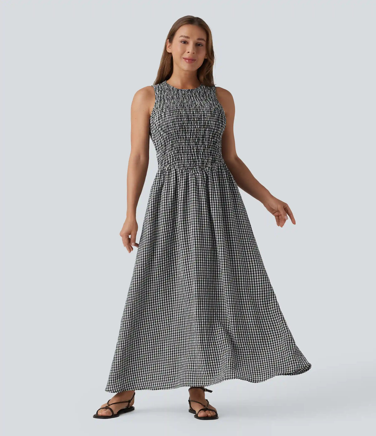 Round Neck Sleeveless Shirred Plaid Flowy Midi Casual Linen-Feel Dress with Pockets