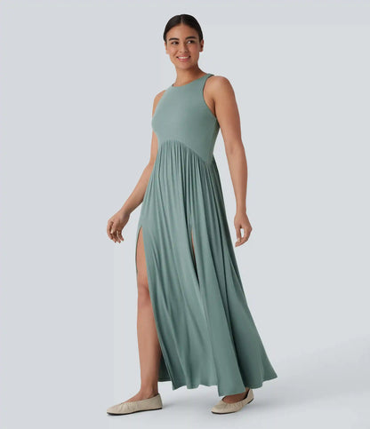 Ribbed Round Neck Racerback Flowy Maxi Casual Dress