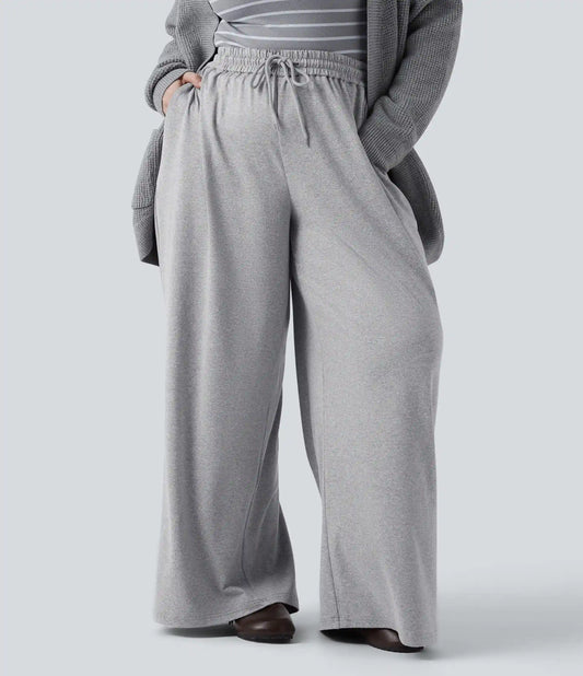 Plus Size High Waisted Drawstring Wide Leg Casual Pants with Pockets