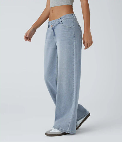 Halara Flex™ Asymmetric Low Rise Zipper Pockets Baggy Wide Leg Washed Casual Jeans