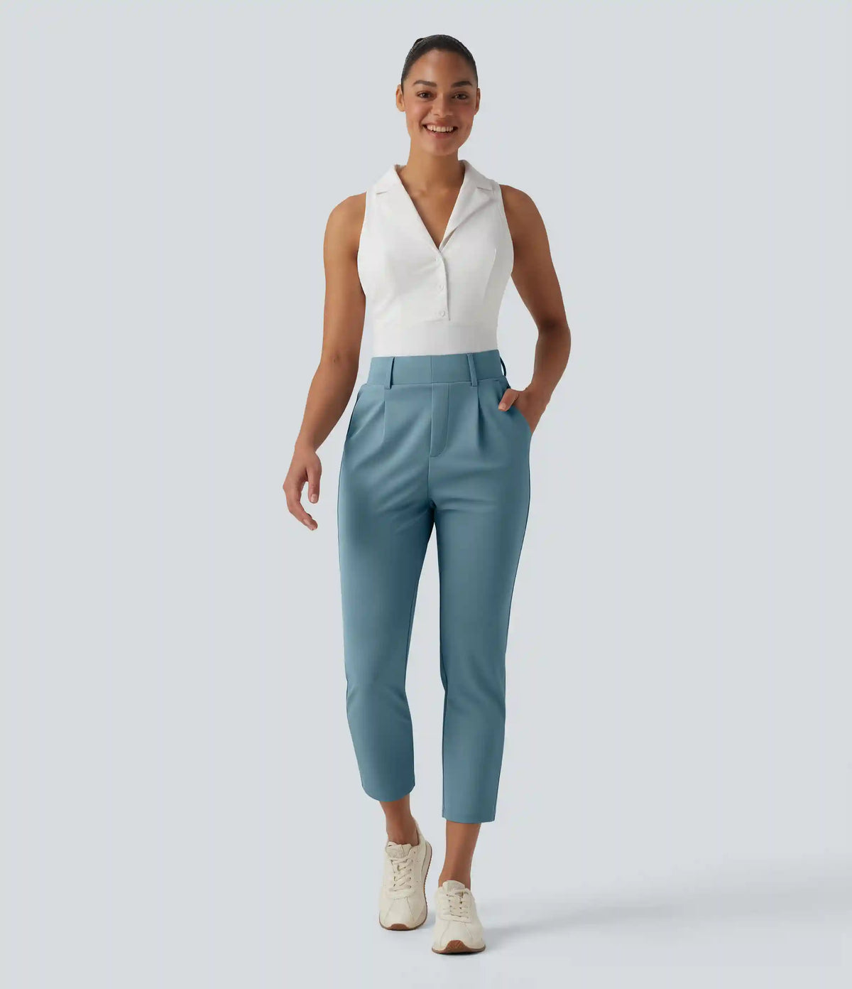 High Waisted Tapered Crepe Golf Pants with Pockets