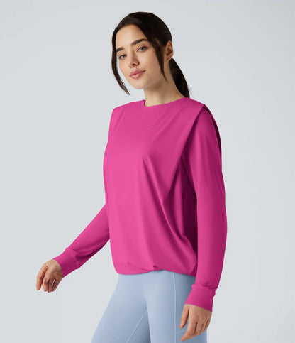 Round Neck Long Sleeve Ruched Yoga Sports Top-UPF50+