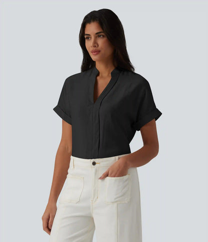 V Neck Short Sleeve Linen-Feel Work Shirt