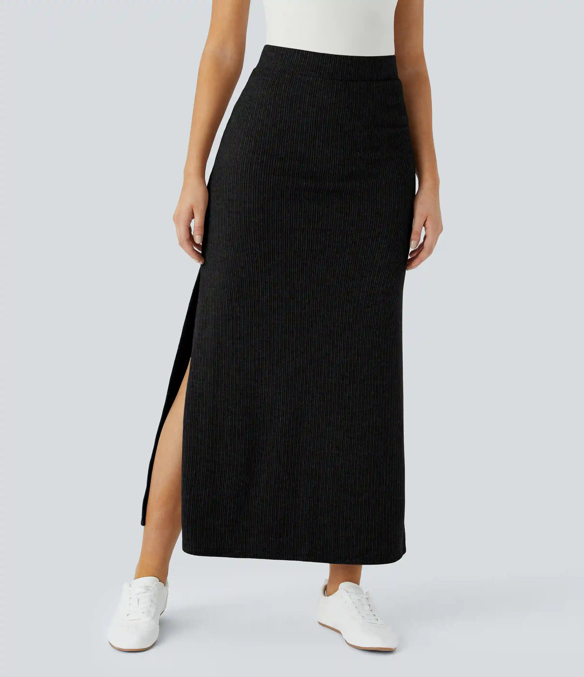Ribbed High Waisted Hem A Line Maxi Casual Skirt