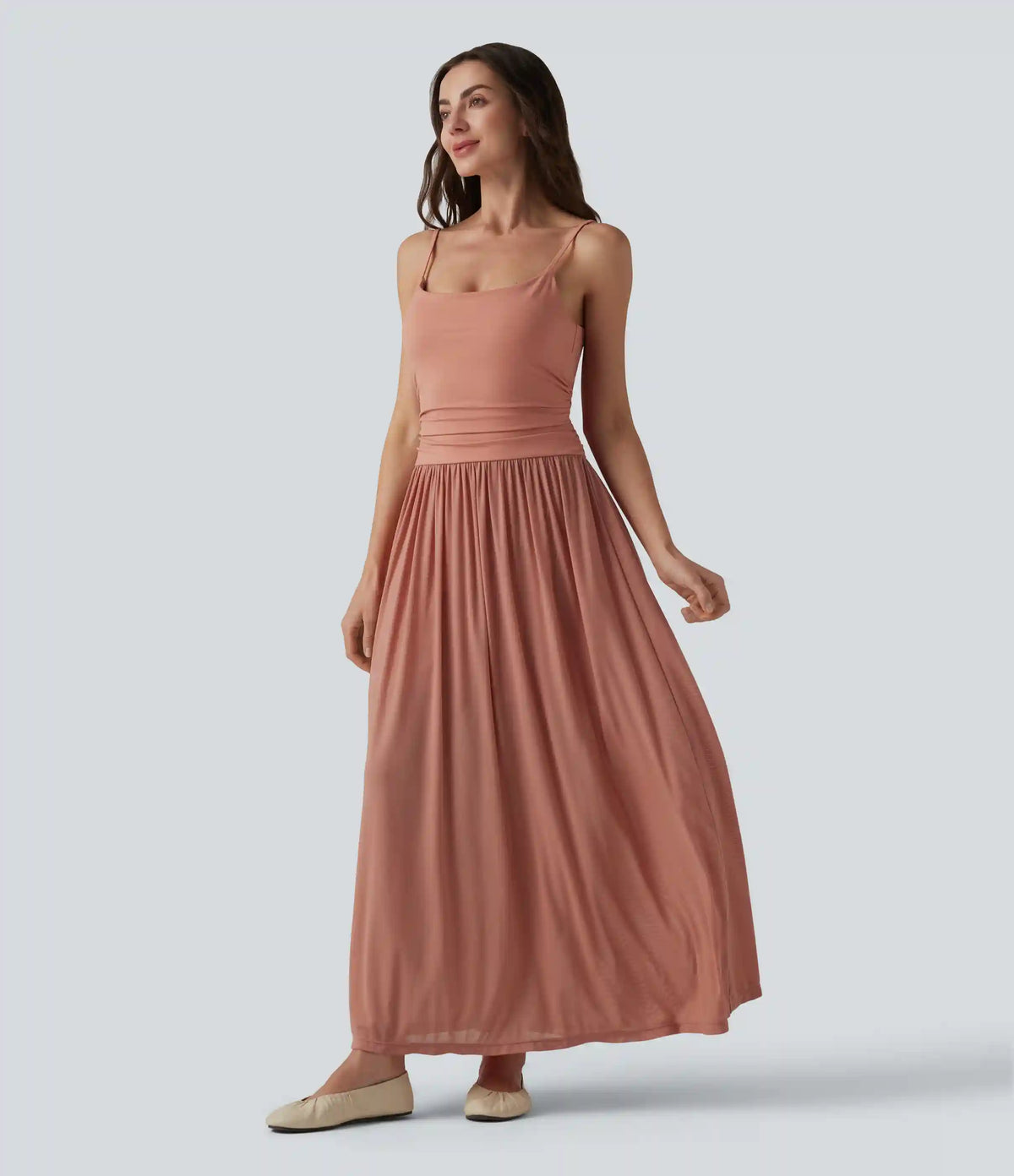 Adjustable Straps Ruched Contrast Mesh Built-in Bra Maxi Casual Flowy Slip Dress