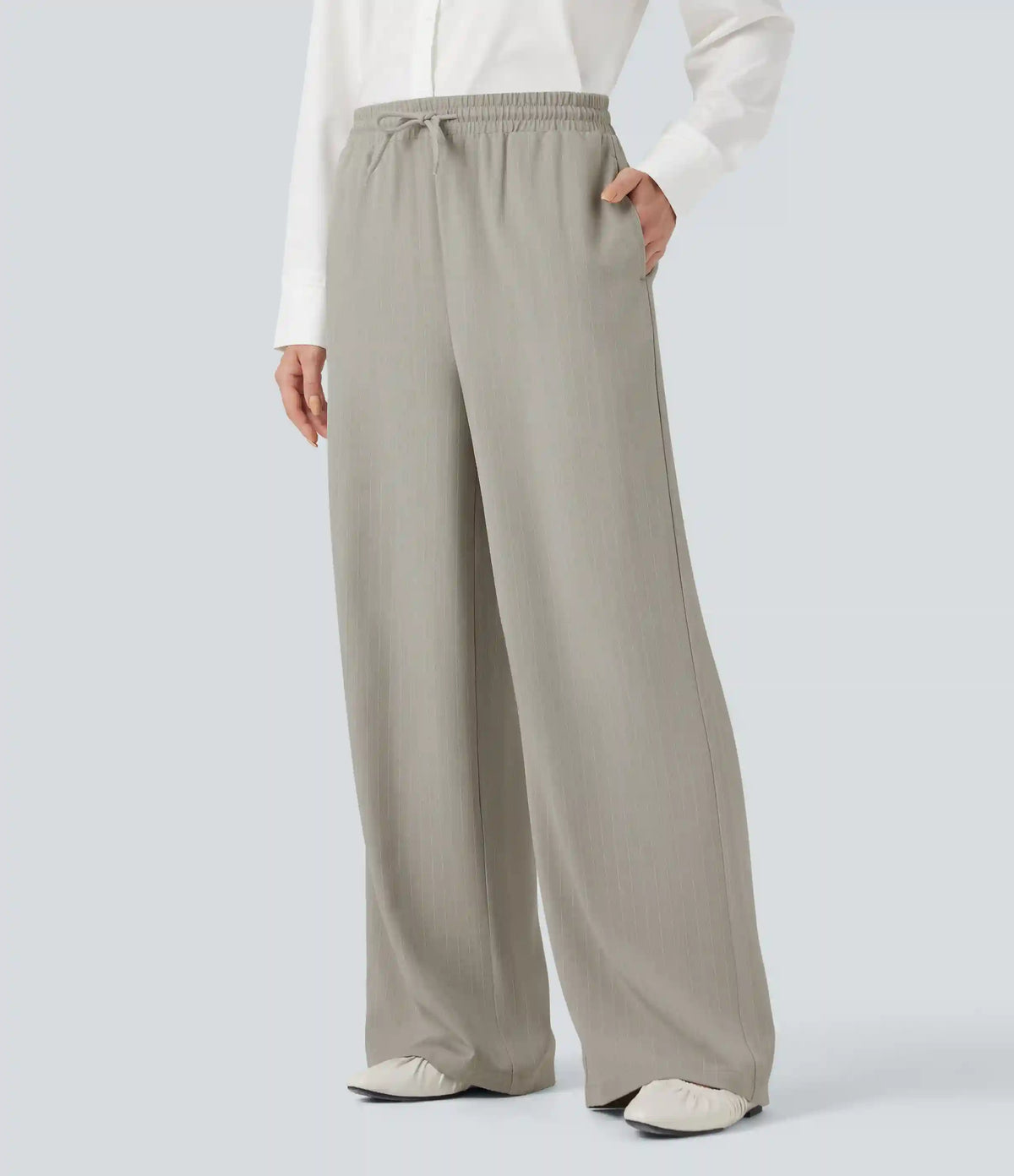 High Waisted Drawstring Wide Leg Stripe Casual Pants with Pockets