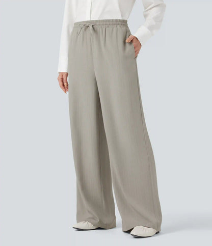 High Waisted Drawstring Wide Leg Stripe Casual Pants with Pockets