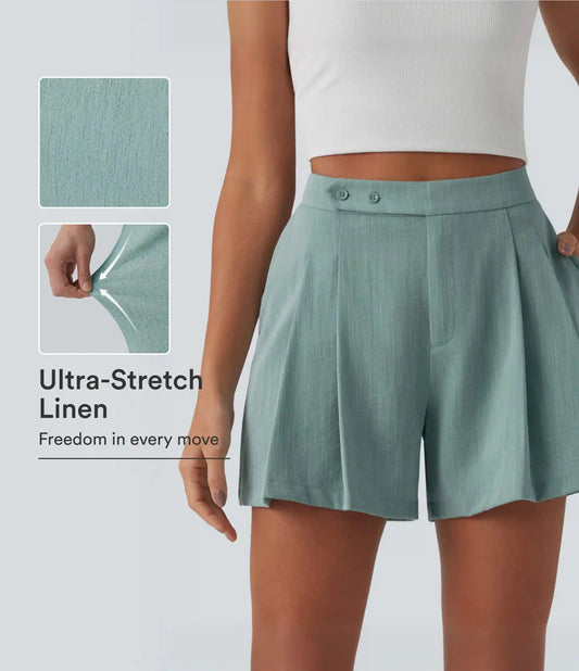 High Waisted Pleated Casual Linen-Feel Shorts 5'' with Pockets