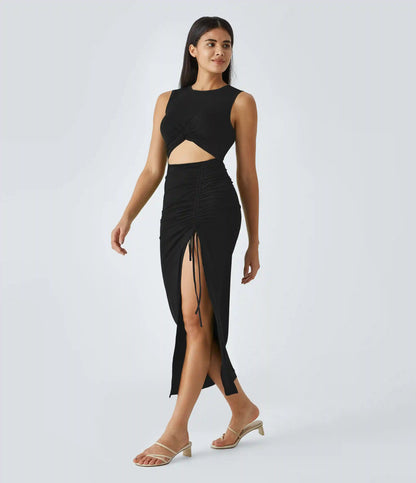 Round Neck Cut Out Ruched Drawstring Hem Bodycon Maxi Casual Dress