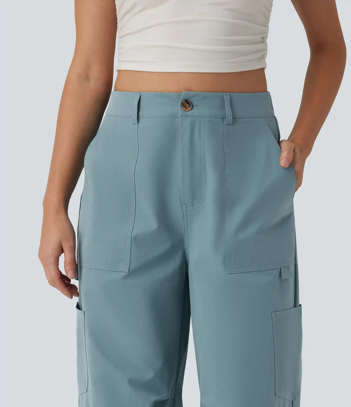 High Waisted Straight Leg Stretchy Poplin Casual Cargo Pants with Pockets