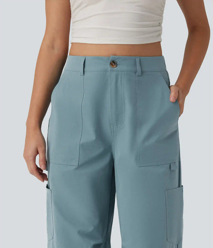 High Waisted Straight Leg Stretchy Poplin Casual Cargo Pants with Pockets