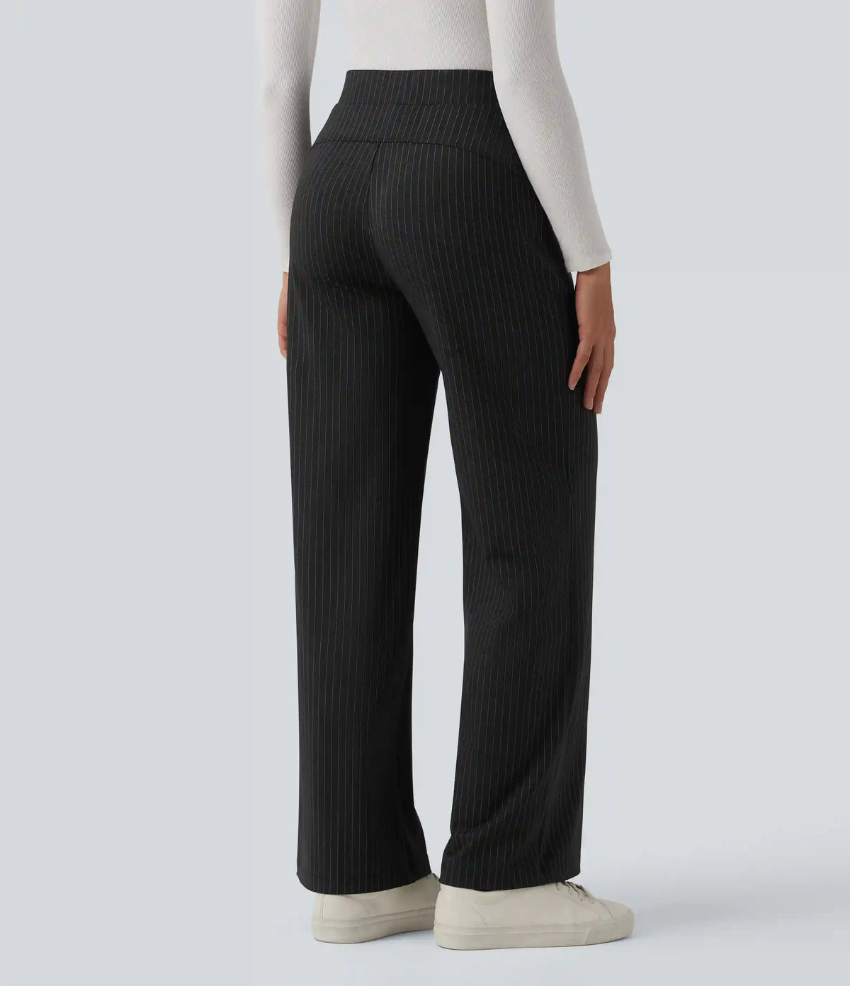 High Waisted Stripes Work Wide Leg Pants with Pockets