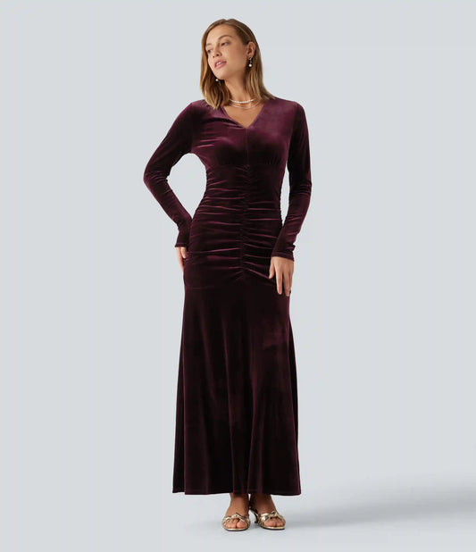 V Neck Long Sleeve Ruched Bodycon Velvet Party Maxi Dress