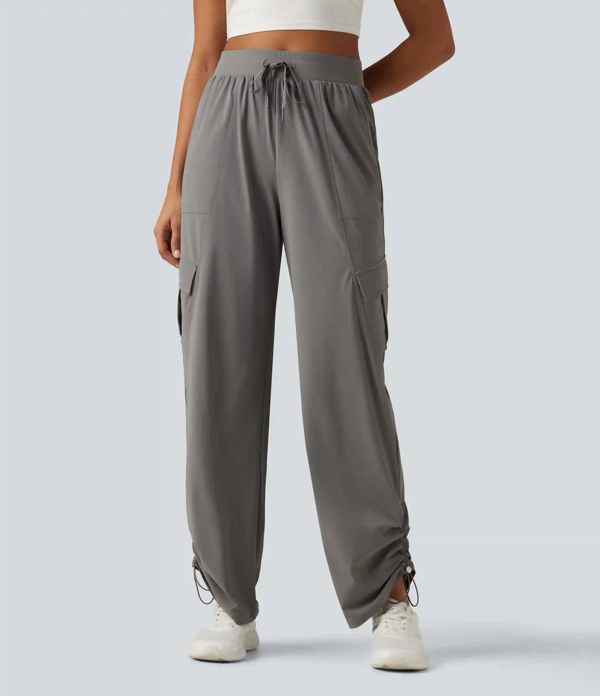 High Waisted Drawstring Ruched Straight Leg Quick Dry InstantCool Running Pants with Pockets-UPF40+