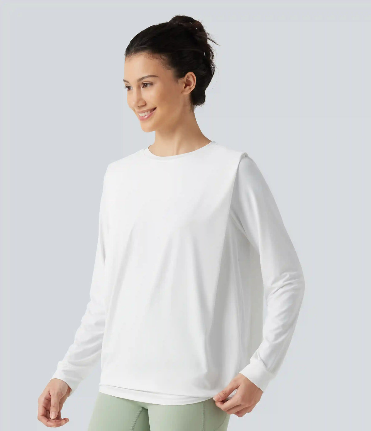 Round Neck Long Sleeve Ruched InstantCool Yoga Sports Top-Longer Length-UPF50+