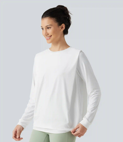 Round Neck Long Sleeve Ruched InstantCool Yoga Sports Top-Longer Length-UPF50+