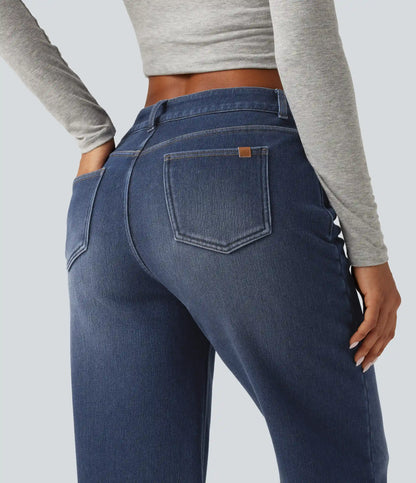 Mid Rise Asymmetric Straight Leg Fleece Casual Jeans with Pockets