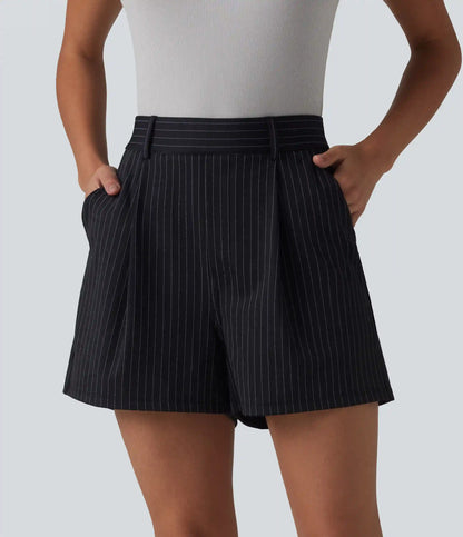High Waisted Pleated Stripes Work Baggy Shorts with Pockets