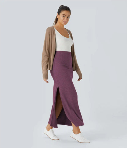 Ribbed High Waisted Hem A Line Maxi Casual Skirt