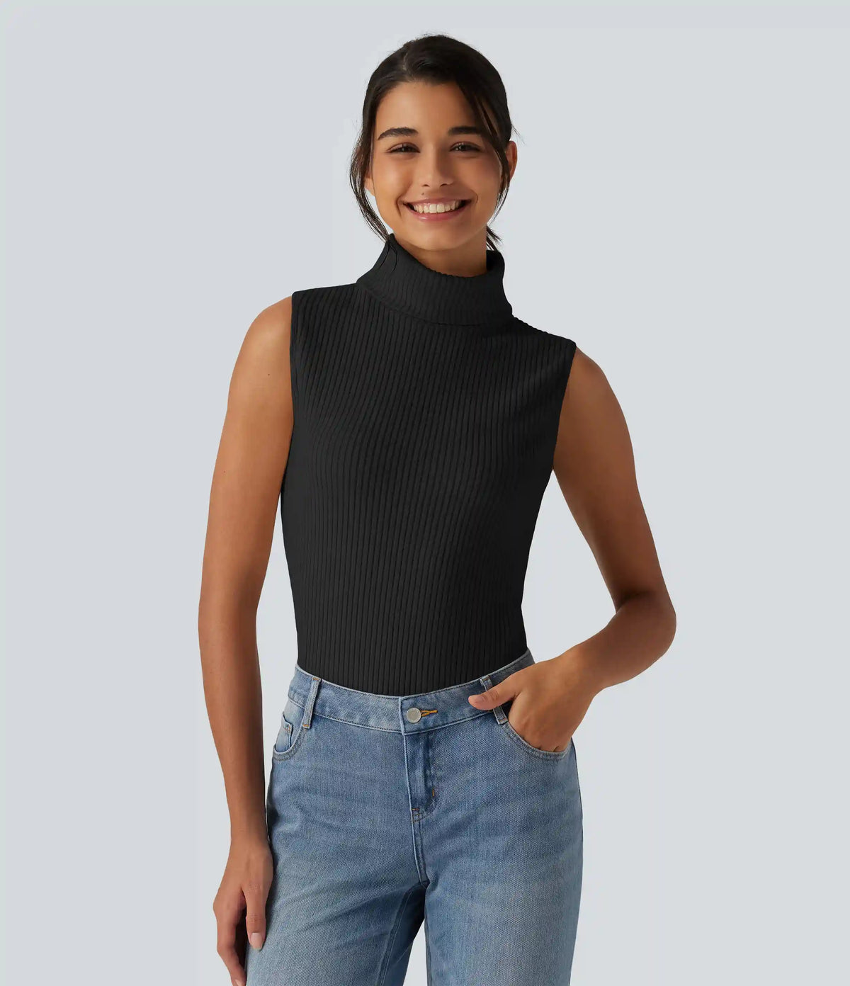 Ribbed Knit High Neck Casual Tank Top