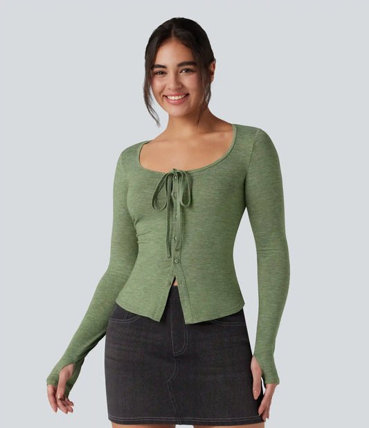 Scoop Neck Tie Front Long Sleeve Thumb Hole Casual Top