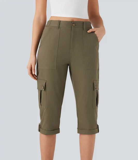 Mid Rise Rolled Hem Casual Cargo Pants with Flap Pockets