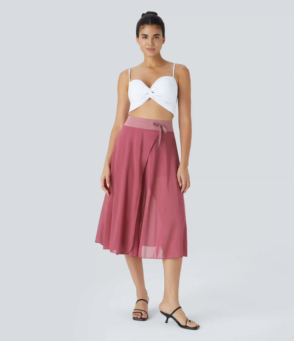High Waisted Drawstring Contrast Mesh 2-in-1 Pocket Flowy Midi Flare Casual Skirt