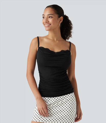 Ribbed Cowl Neck Contrast Lace Ruched Built-in Bra Casual Tank Top
