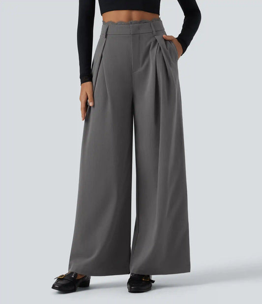 High Waisted Lace Panel Wide Leg Work Pants with Pockets