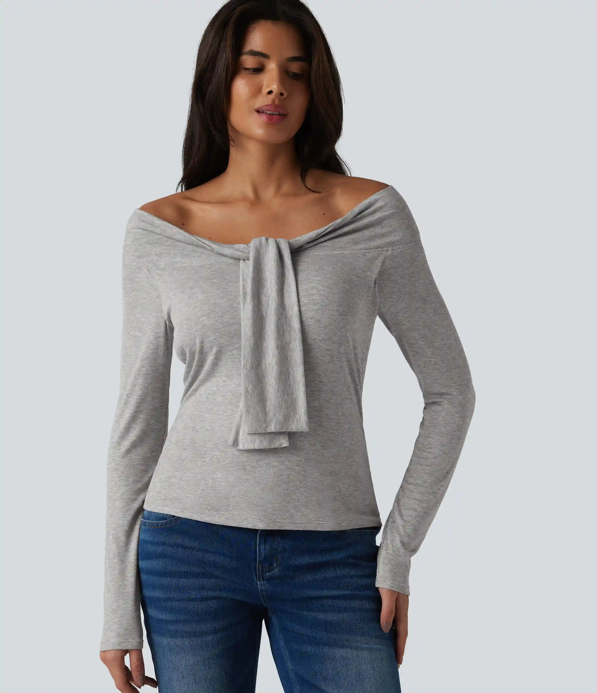 Ribbed Off-shoulder Tie-front Long Sleeve Built-in Bra Casual Top