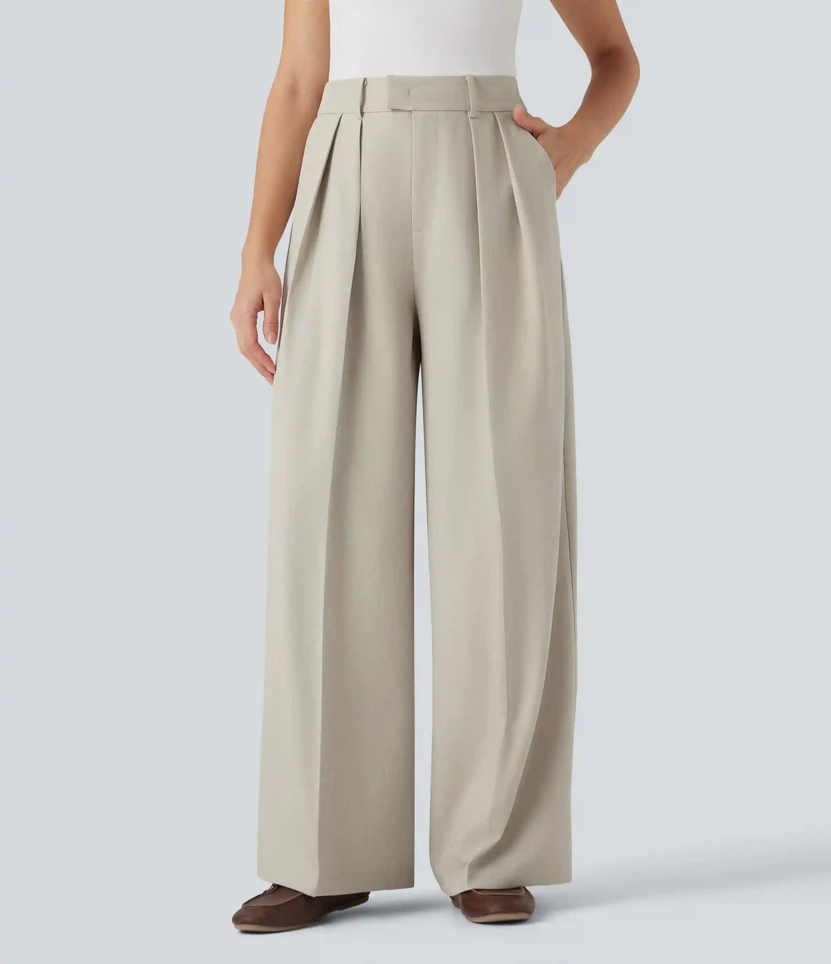 High Waisted Wide Leg Work Linen-Feel Pants with Pockets