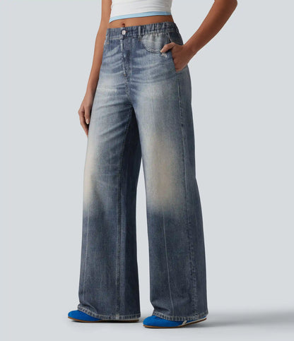 Mid Rise Denim Print French Terry Casual Sweatpants Jeans with Pockets