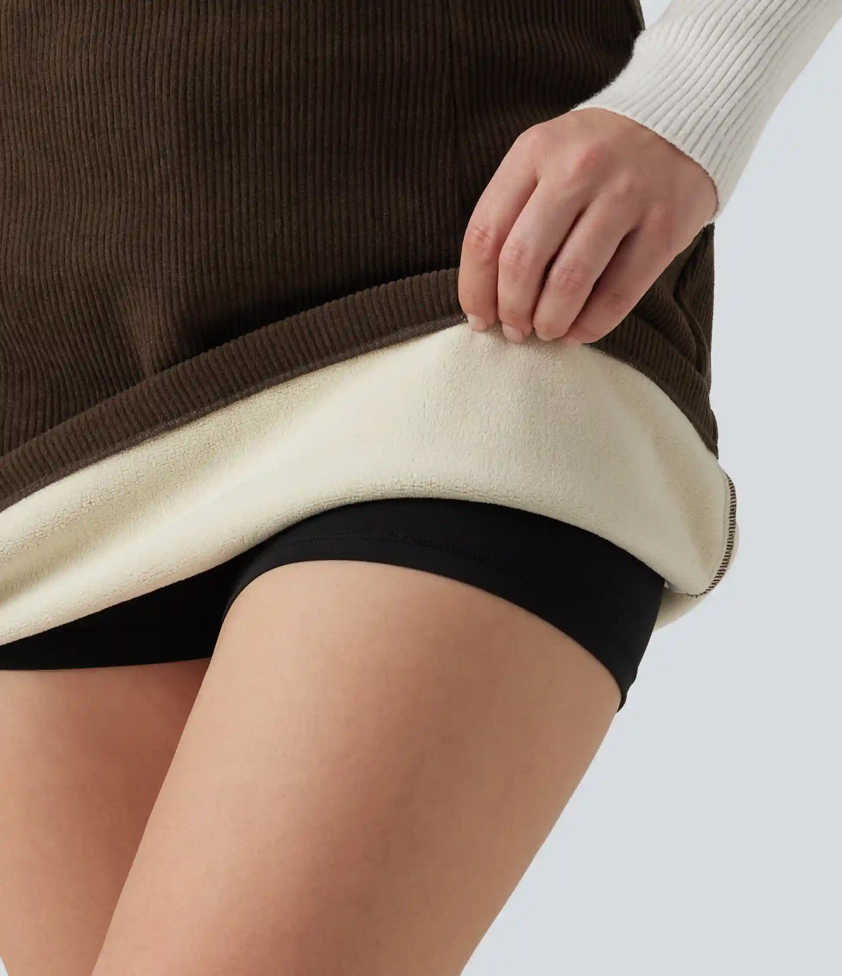 High Waisted A-Line Corduroy Fleece Casual Mini Skirt with Built-in Shorts