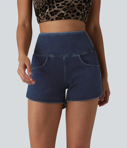 Halara Flex™ High Waisted Tummy Control Curved Hem Skinny Denim Casual Shorts with Pockets