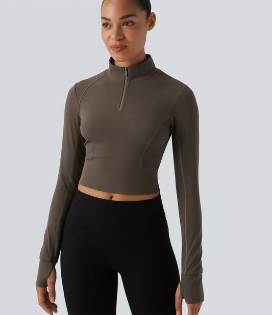 Mock Neck Long Sleeve Thumb Hole Cropped Workout Sports Top